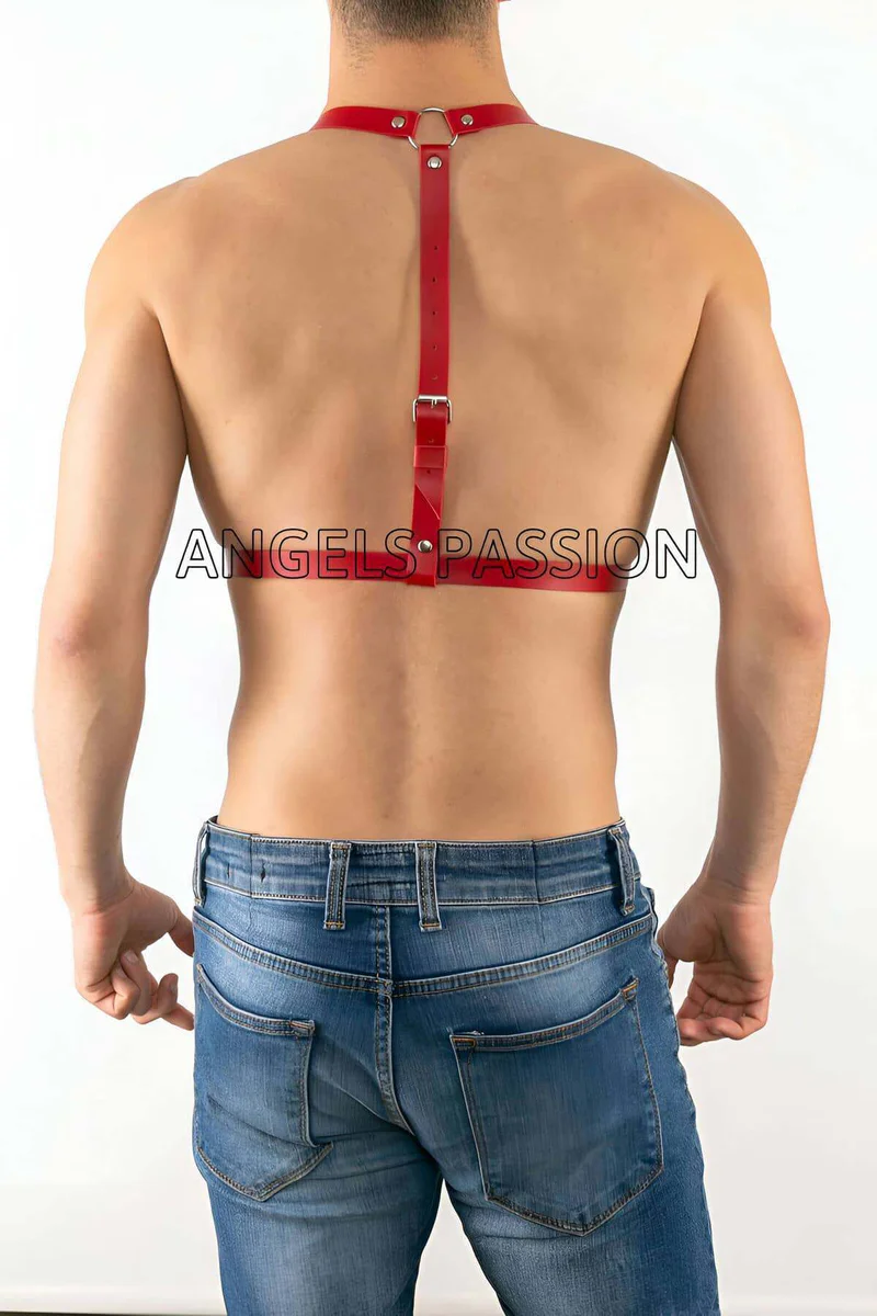 Red faux leather chest harness side view showing strap adjustability