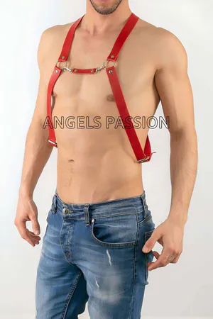 Red Faux Leather Chest Harness Women Adjustable Straps Silver Hardware