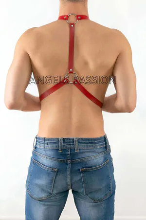 Red Faux Leather Suspenders Harness O-Rings Adjustable Shoulder Straps