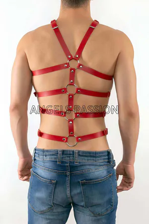 Red Faux Leather Multi-Strap Chest Body Harness O-Rings Adjustable Straps