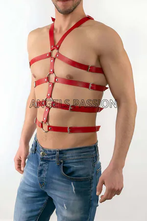 Red Faux Leather Multi-Strap Chest Body Harness O-Rings Adjustable Straps