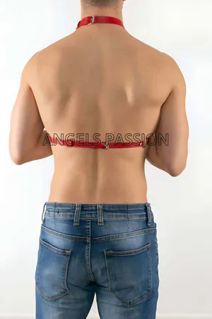 Red Faux Leather Chest Harness Men Adjustable Straps Silver Chain Draping