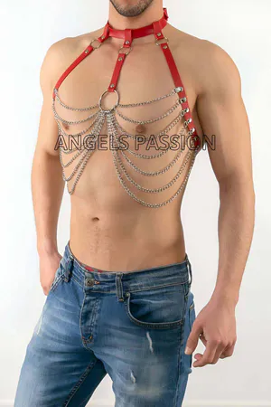 Red Faux Leather Chest Harness Men Adjustable Straps Silver Chain Draping