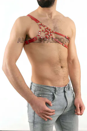 Red Vegan Leather Chest Harness Men Asymmetric O-Ring Design