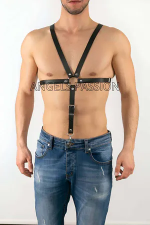 Black Faux Leather Adjustable Body Harness with O-ring