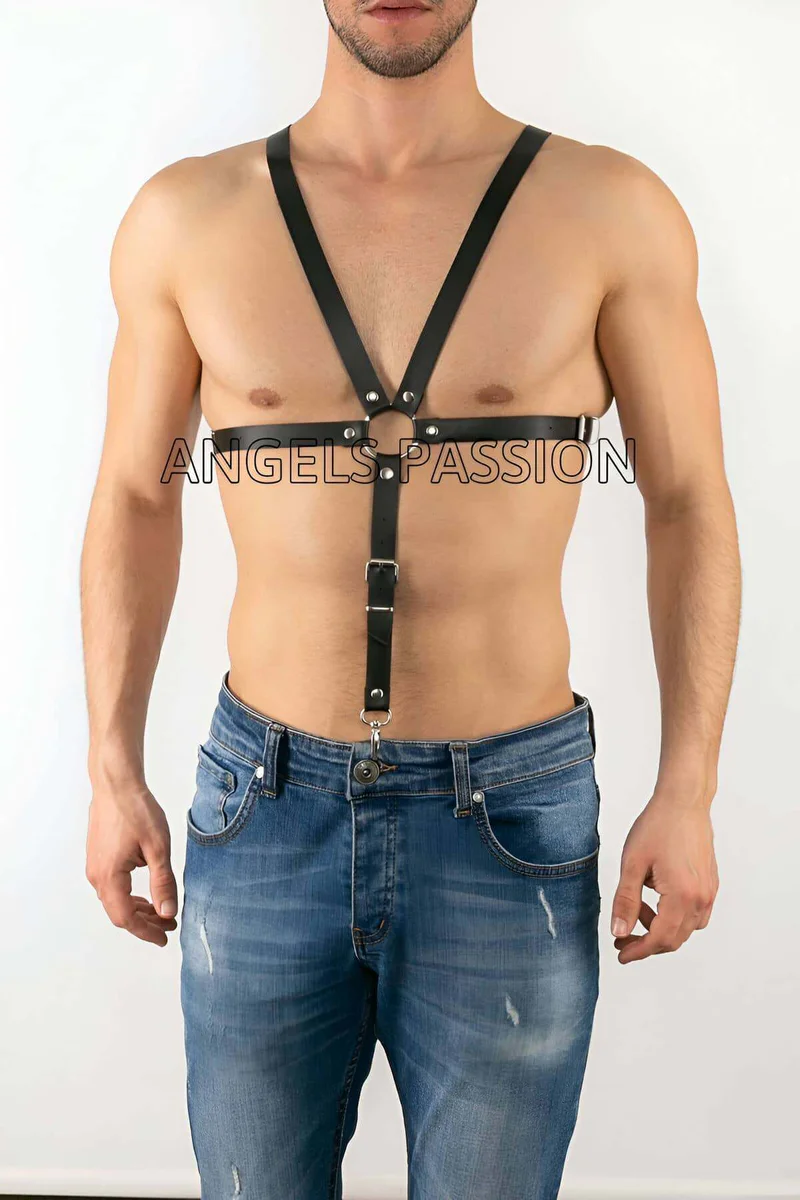 Black faux leather body harness front view with O-ring detail