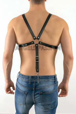 Black Faux Leather Adjustable Body Harness with O-ring