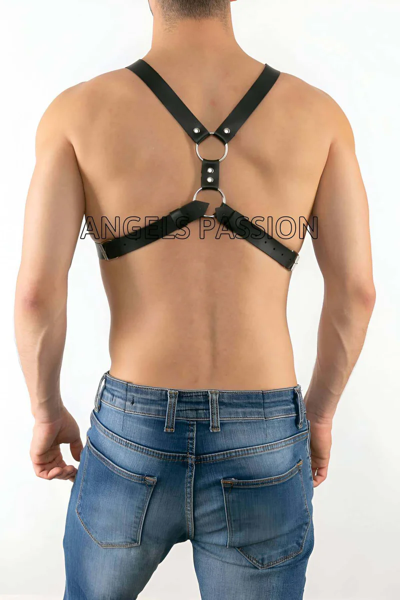 Black faux leather harness showing O-ring detail and straps