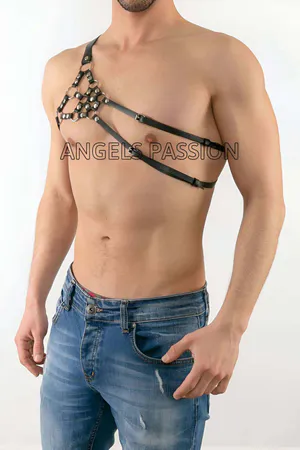 Black Faux Leather One Shoulder Chest Harness with Silver Studs on Male Model