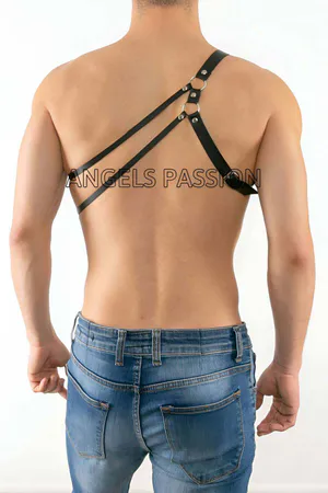 Black Faux Leather One Shoulder Chest Harness with Silver Studs on Male Model