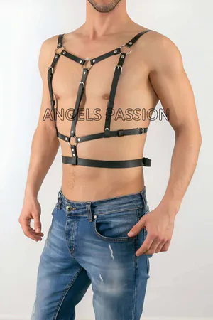 Black faux leather adjustable body harness with O-rings for men