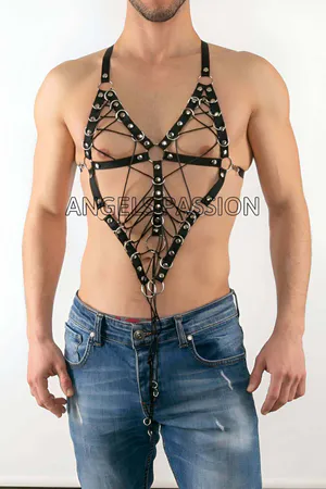 Black vegan leather laced cage body harness with silver O-rings and adjustable straps