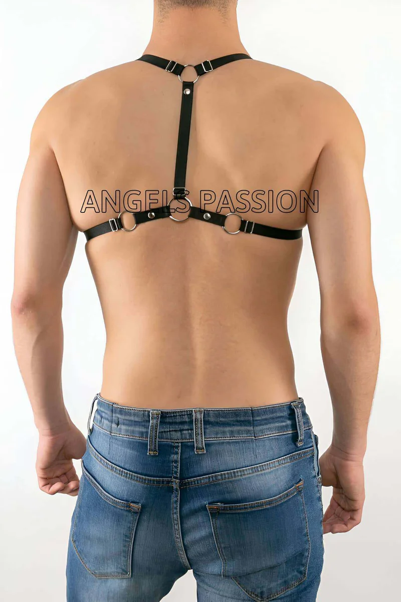 Side view of black laced body harness showing adjustable strap configuration