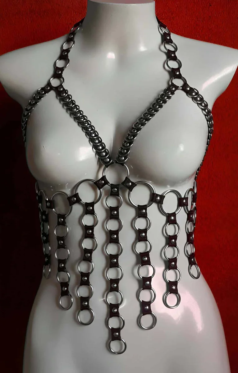 Silver full body harness lingerie with hanging chain detail