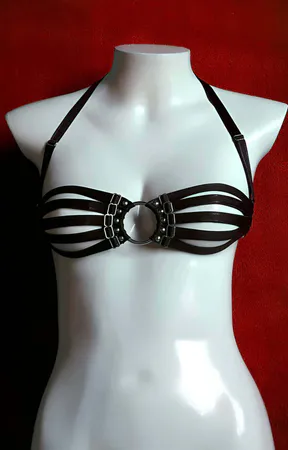 Black faux leather strappy O-ring chest harness bra with adjustable straps