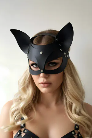 Black Faux Leather Cat Eye Mask Pointed Ears Silver Studs