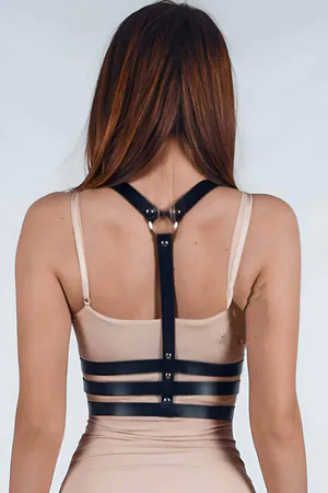 Black Faux Leather Chest Harness with Straps and O-Ring