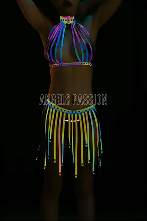 Reflective halter top and tassel skirt set with rainbow colors.