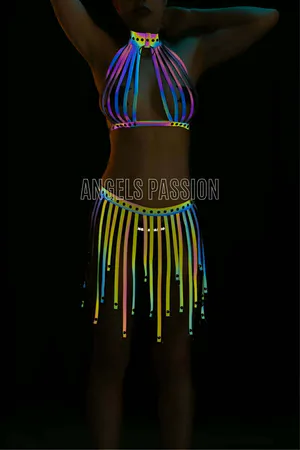 Reflective halter top and tassel skirt set with rainbow colors.