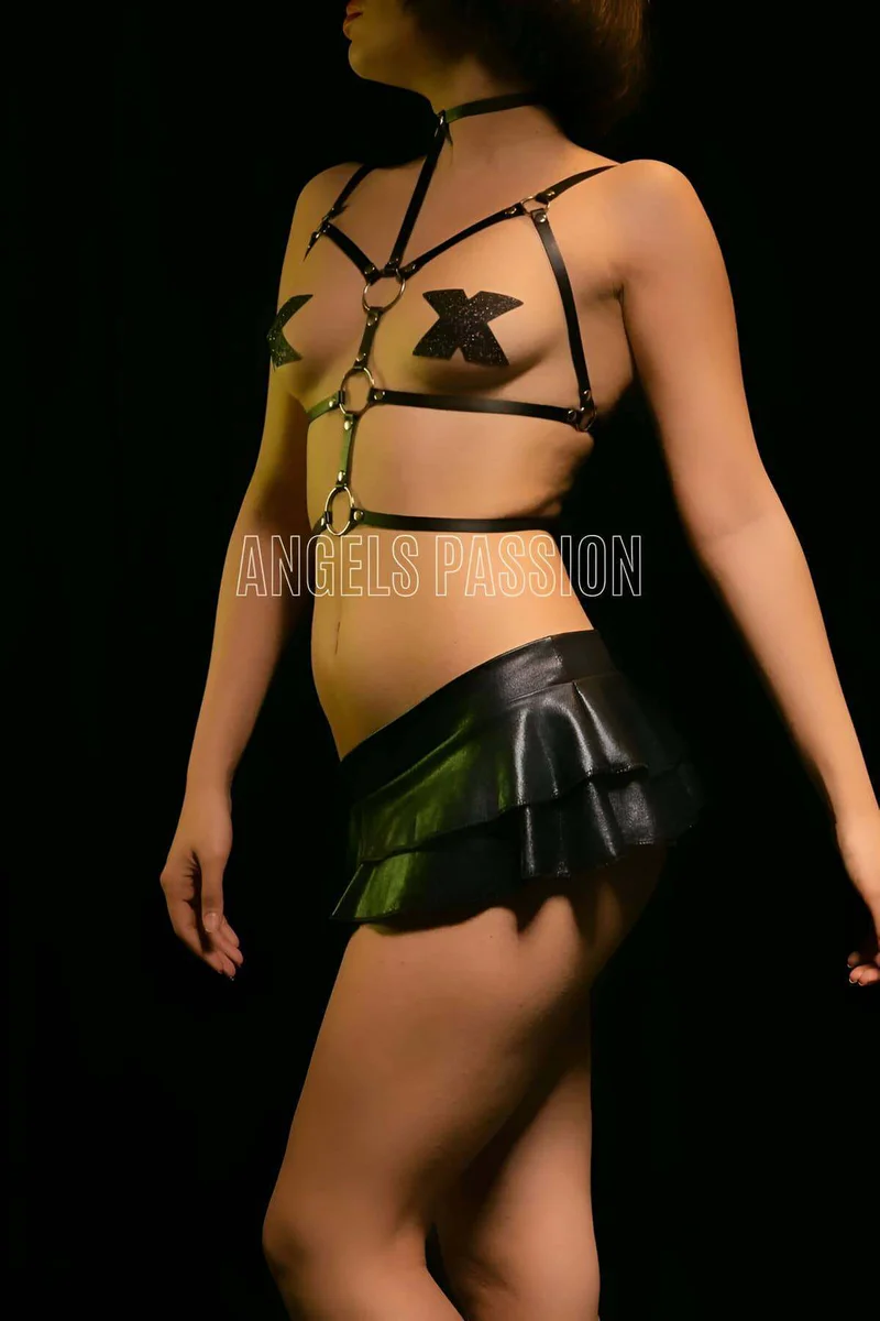 Black Faux Leather Body Harness with Detachable Chain Back View