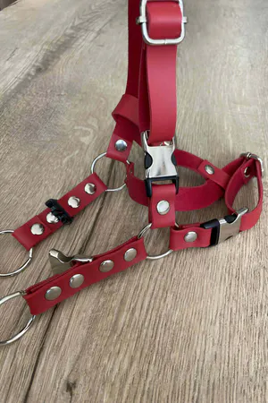 Red Faux Leather Chest Harness Men Adjustable Straps O-Ring