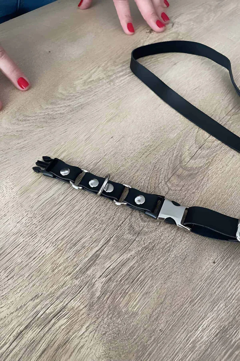 Studded Choker Set Front View Black Faux Leather Silver Studs