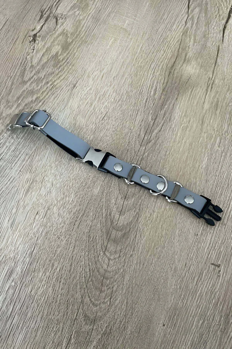 Reflective Grey Faux Leather Body Harness Side Profile with Snap Leash Attached