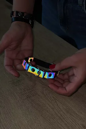 Reflective Rainbow Choker Black Faux Leather with Silver O-Rings Front View