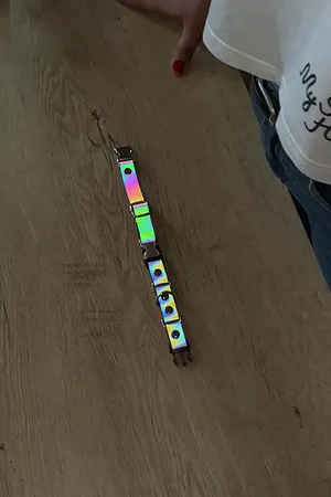 Reflective Rainbow Choker Black Faux Leather with Silver O-Rings Front View