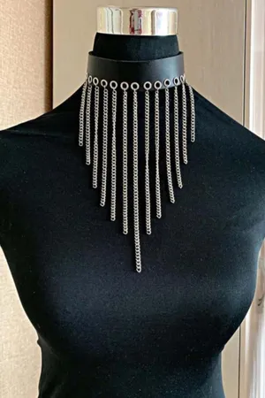 Black Faux Leather Choker Necklace with Waterfall Chain Fringe