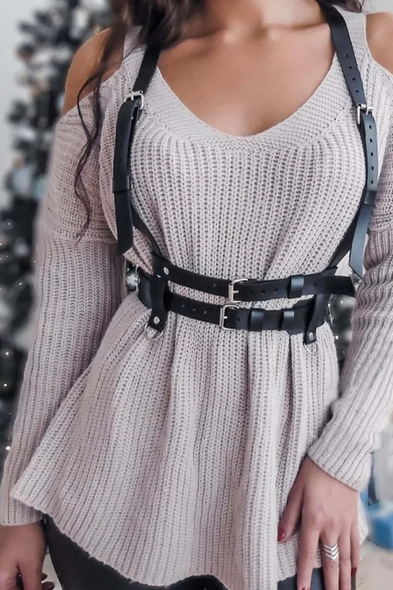 Siyah suni deri body harness kadın ayarlanabilir omuz ve bel bantlı