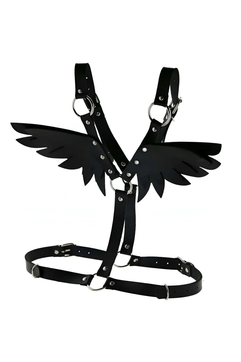 Black angel wing body harness with O-ring detail