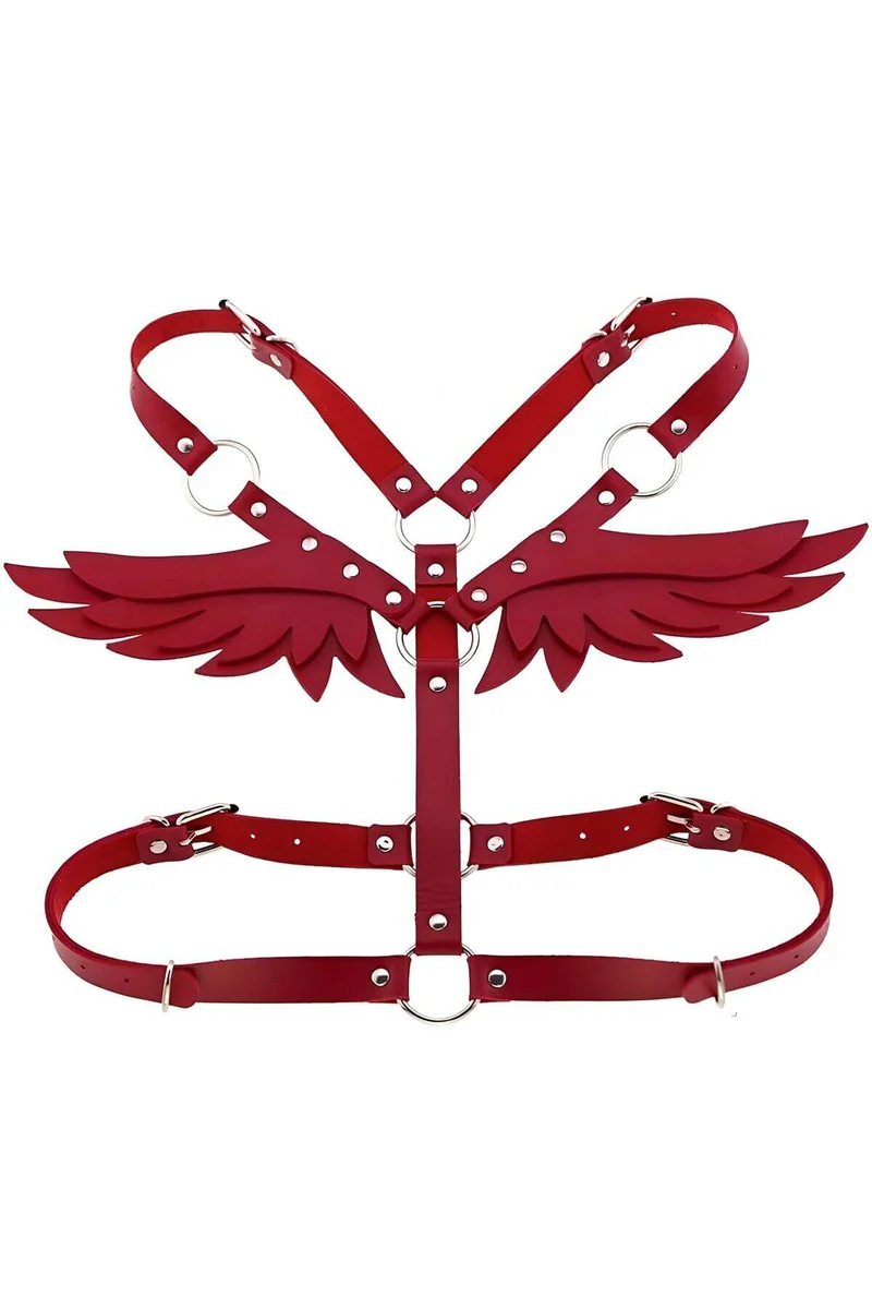 Red angel wing faux leather body harness back view with adjustable straps