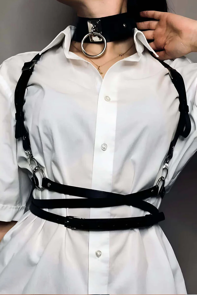 Siyah Suni Deri Metal Halka Detaylı Bel Kemeri ve Choker Tasma Seti