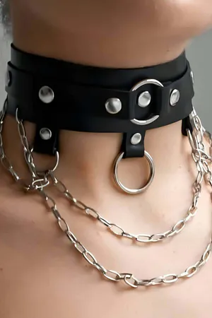 Black Faux Leather Choker Necklace with Studs O-Ring and Chains