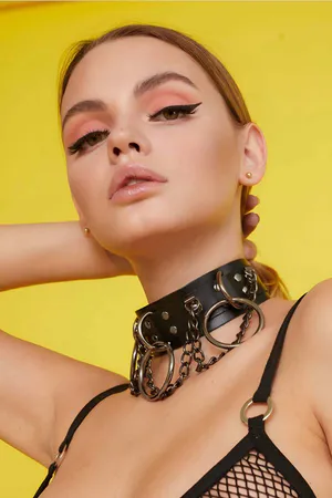 Black Faux Leather Choker Necklace with Large O-Rings and Silver Chains