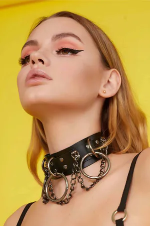 Black Faux Leather Choker Necklace with Large O-Rings and Silver Chains
