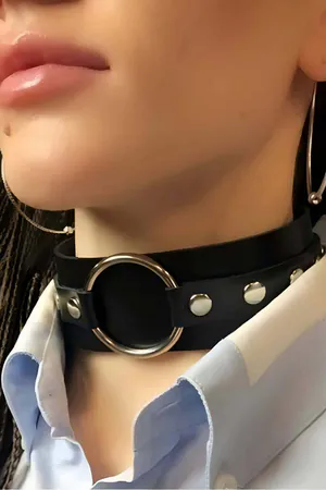 Black Faux Leather Wide Choker Collar with Silver O-Ring Adjustable Snaps