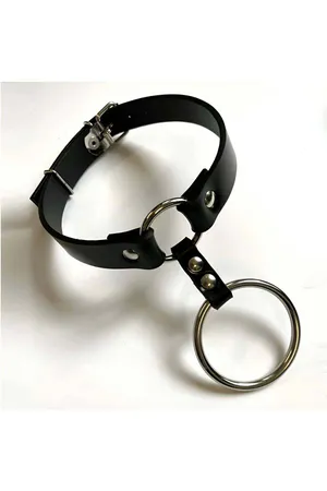 Black faux leather choker with double O-rings and metal buckle