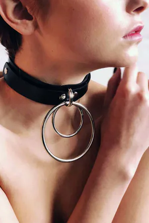 Black faux leather choker necklace with double O-ring pendant