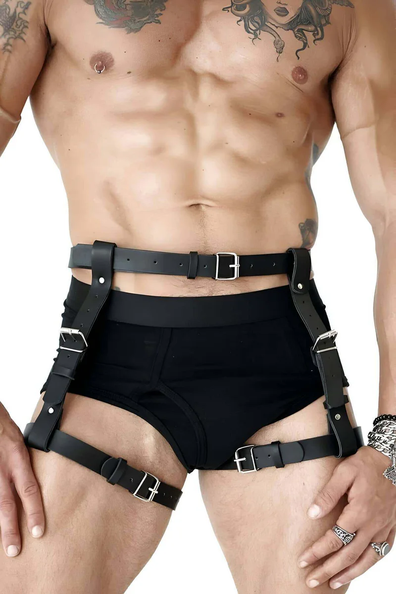 Black Faux Leather Body Harness Waist Belt Close Up Metal Buckle