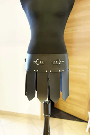 Black Faux Leather Gladiator Waist Skirt with D-Ring Accents and Segmented Panels