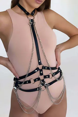 Black Faux Leather Body Harness with Silver Chains and O-Rings