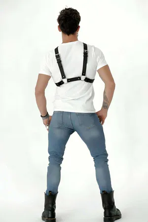 Black Faux Leather Chest Harness with Suspenders Adjustable Straps