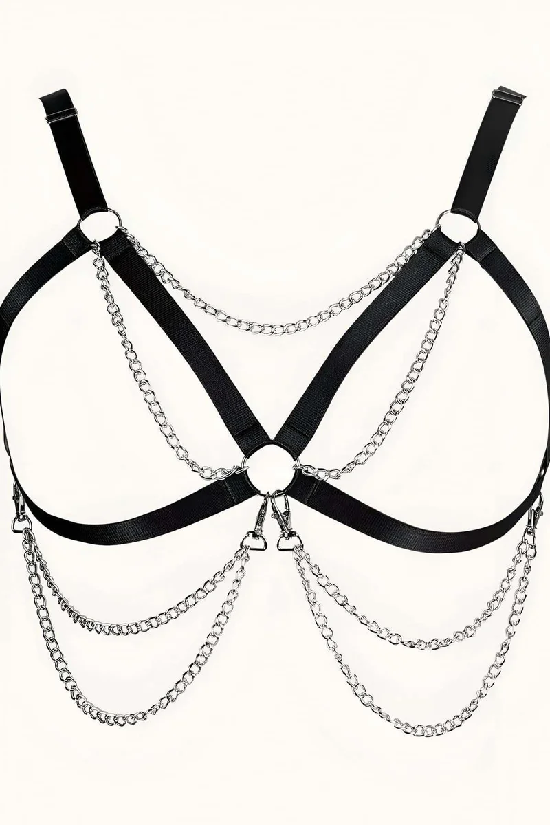 Zincirli Göğüs Harness Siyah Ön Görünüm Gümüş Zincirlerle