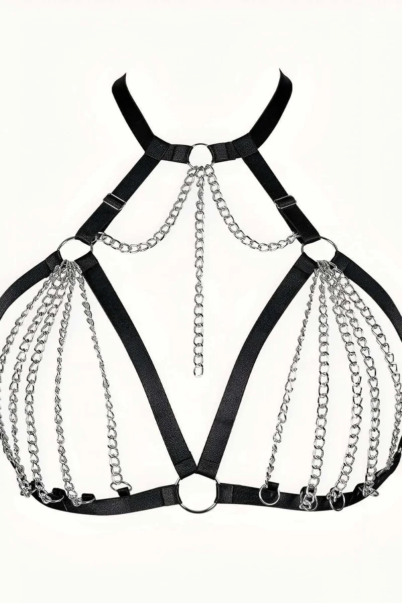 Side view of black body harness showing chain draping detail