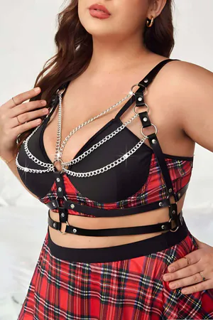 Black Faux Leather Chest Harness with Layered Silver Chains