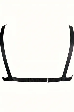Black faux leather body harness with silver chains and O-rings