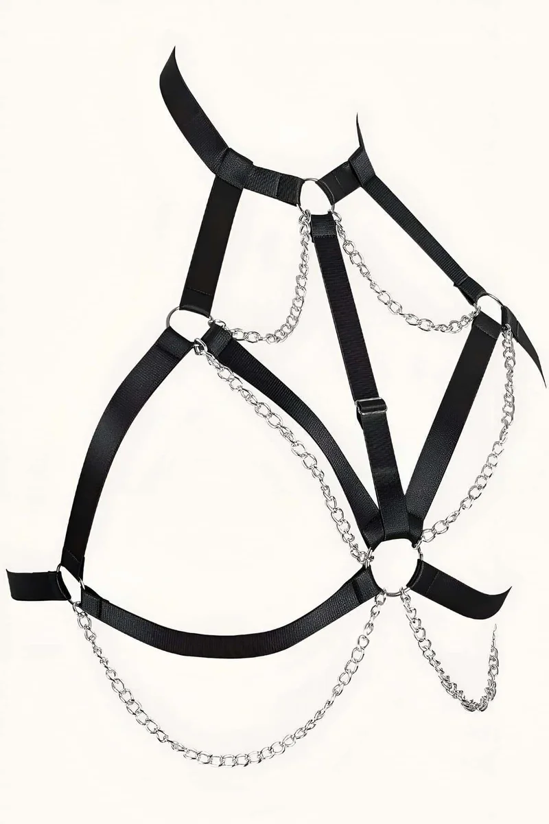 Black full body harness with silver chains and O-rings detail