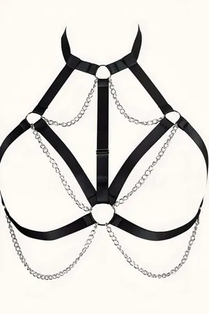 Black faux leather body harness with silver chains and O-rings